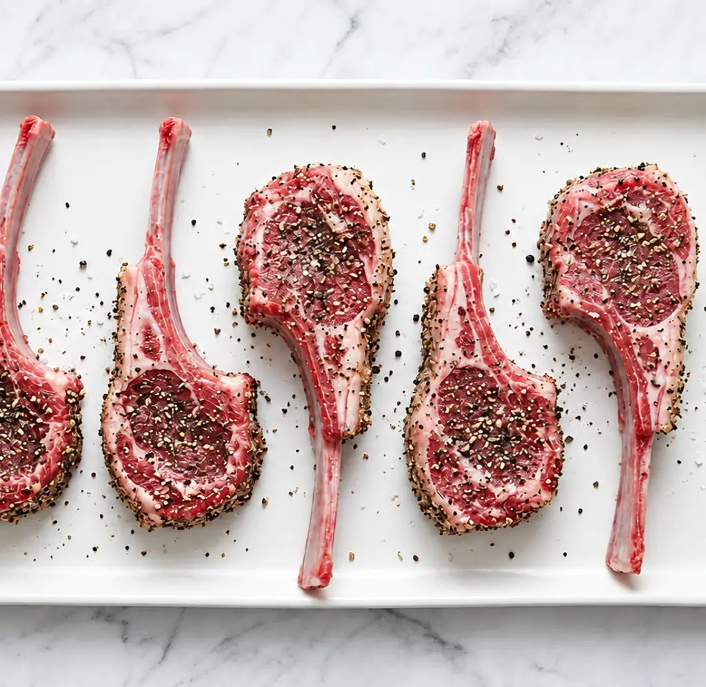 Raw, seasoned lamb lollipops lined up in an alternating pattern on a white rectangular platter, heavily crusted with cracked black pepper and coarse sea salt.