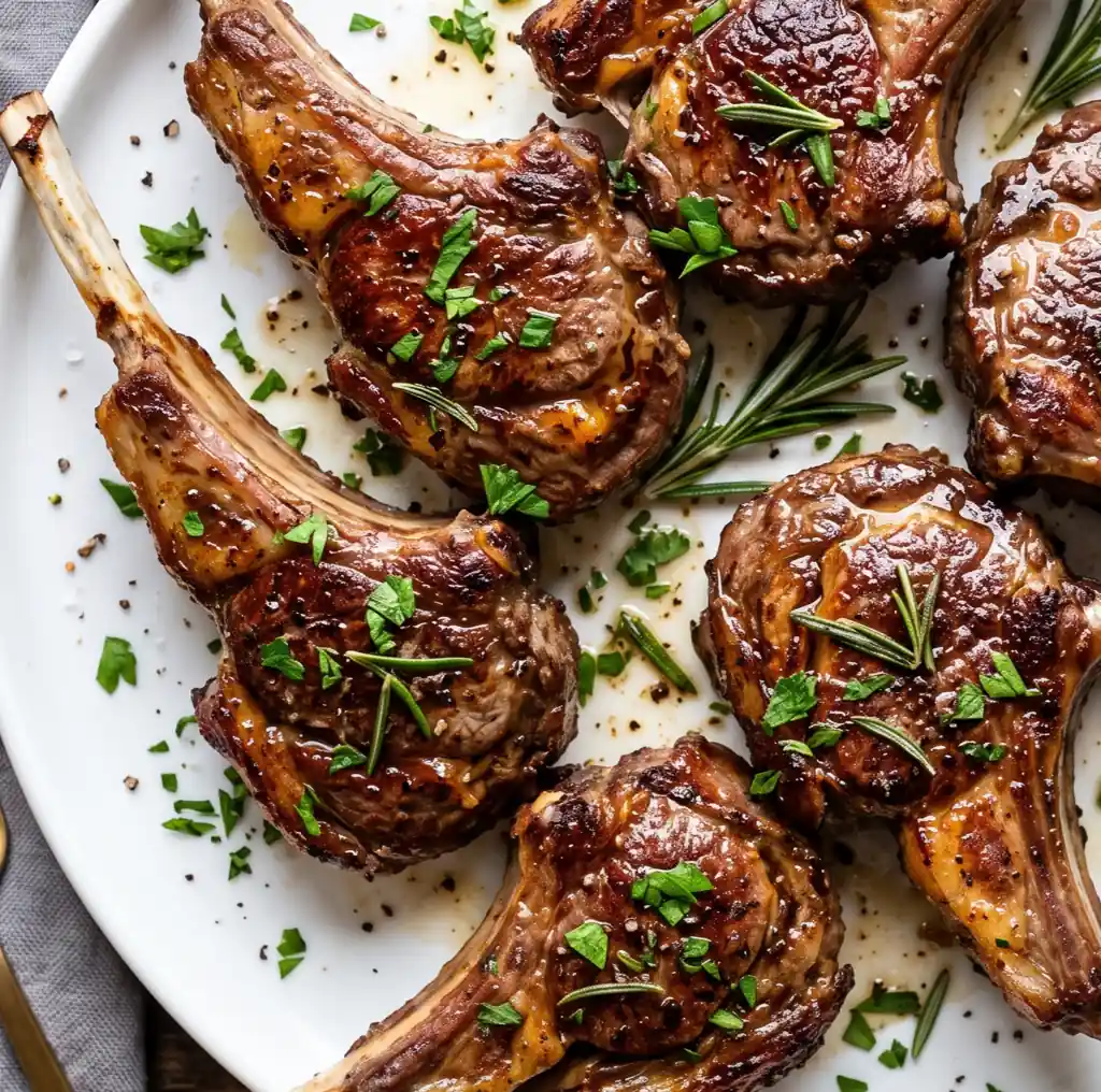 Pan-seared lamb lollipops with exposed rib bones on a round white plate, garnished with fresh chopped parsley, rosemary sprigs, cracked black pepper, and coarse salt crystals.