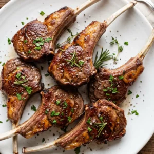 Pan-seared lamb lollipops with caramelized crust arranged on a white round plate, sprinkled with fresh chopped herbs, rosemary, thyme, cracked black pepper, and sea salt.