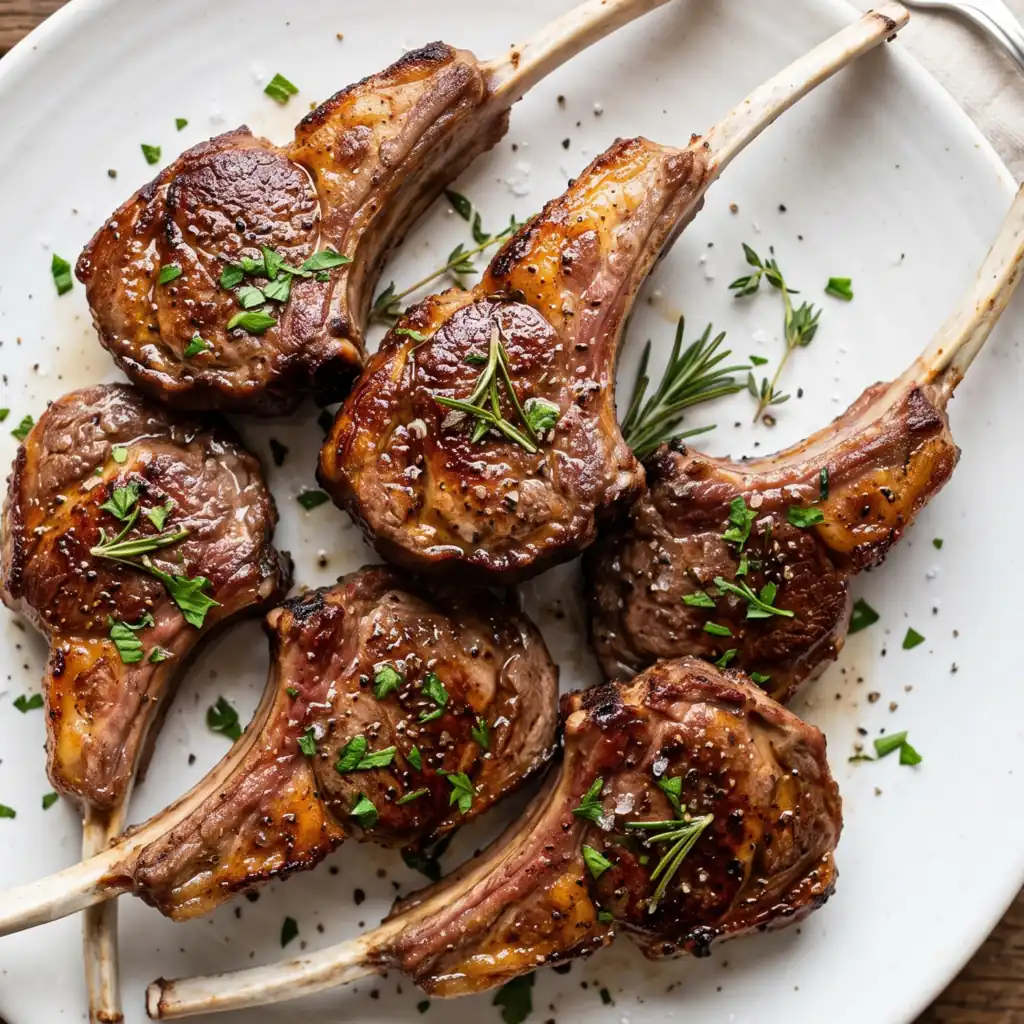 Pan-seared lamb lollipops with caramelized crust arranged on a white round plate, sprinkled with fresh chopped herbs, rosemary, thyme, cracked black pepper, and sea salt.