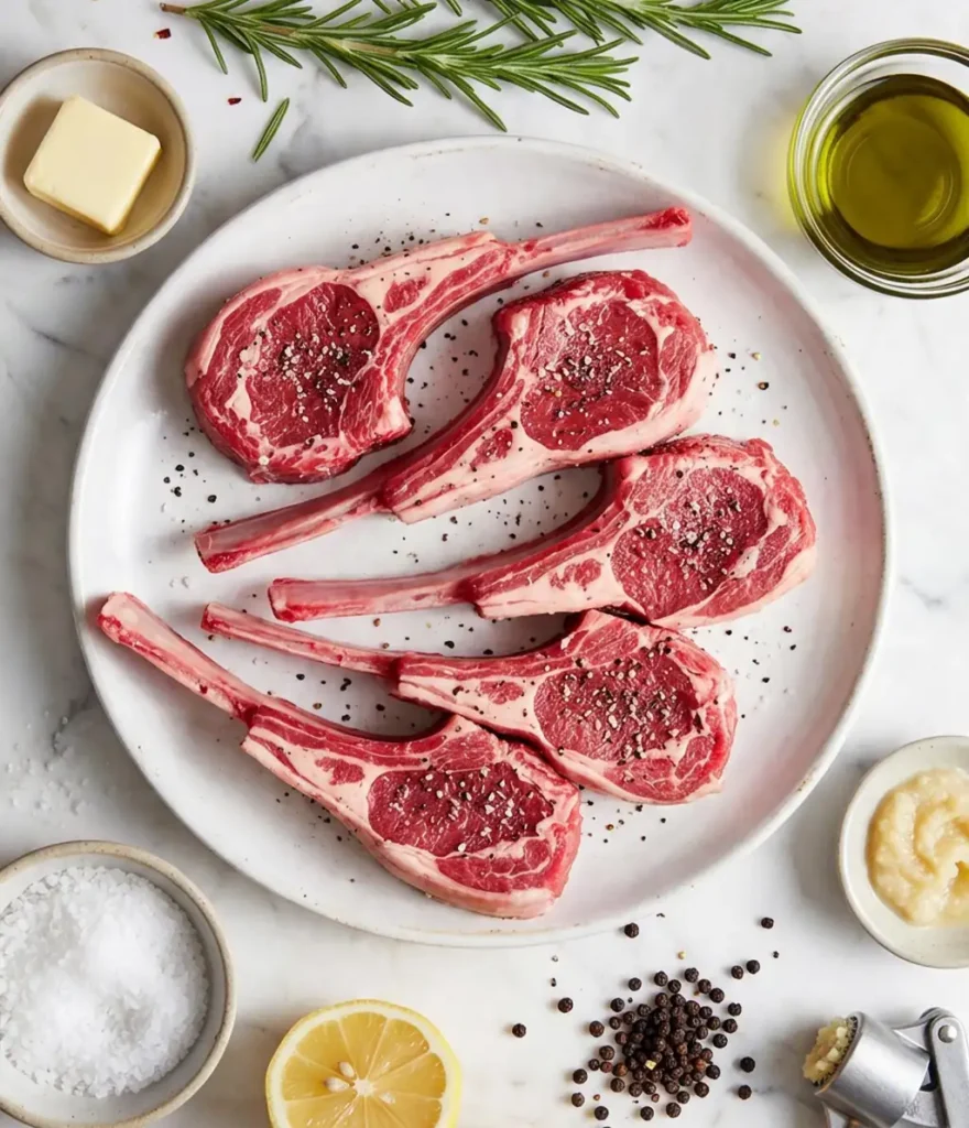 Raw frenched lamb lollipops seasoned with salt and pepper on a white platter, surrounded by fresh rosemary, butter, olive oil, lemon, garlic, and peppercorns.