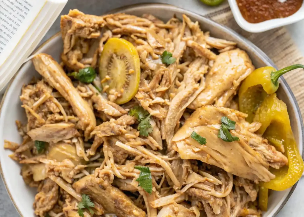 A close-up, top-down shot of a large, rustic-looking bowl filled with shredded Mississippi chicken. The chicken is a mix of light and dark pieces, appearing tender and moist, with a rich, savory brown sauce coating it. Interspersed throughout the dish are pieces of pepperoncini peppers, some whole and some sliced, with their signature bright yellow-green color
