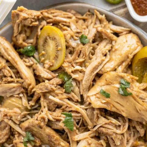 A close-up, top-down shot of a large, rustic-looking bowl filled with shredded Mississippi chicken. The chicken is a mix of light and dark pieces, appearing tender and moist, with a rich, savory brown sauce coating it. Interspersed throughout the dish are pieces of pepperoncini peppers, some whole and some sliced, with their signature bright yellow-green color