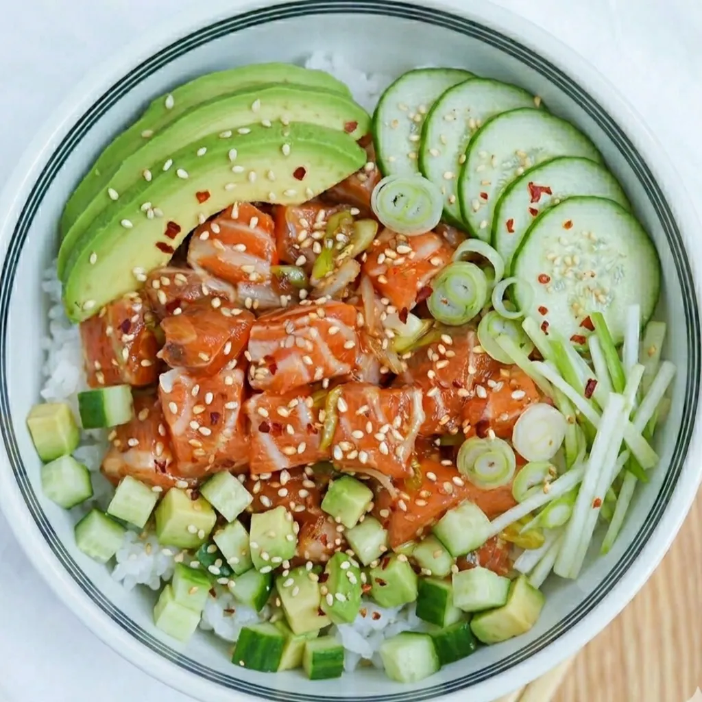 A vibrant salmon poke recipe featuring marinated raw fish, sliced avocado, cucumber rounds, and diced vegetables over white rice. Garnished with sesame seeds, chili flakes, and green onions in a bowl.