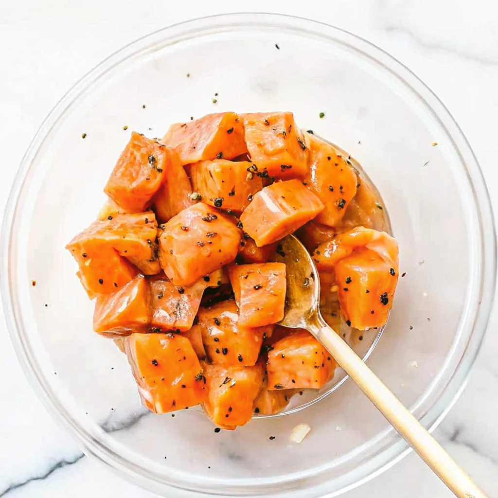 Marinated raw salmon cubes seasoned with black sesame seeds and spices in a glass bowl. A gold spoon rests inside the bowl