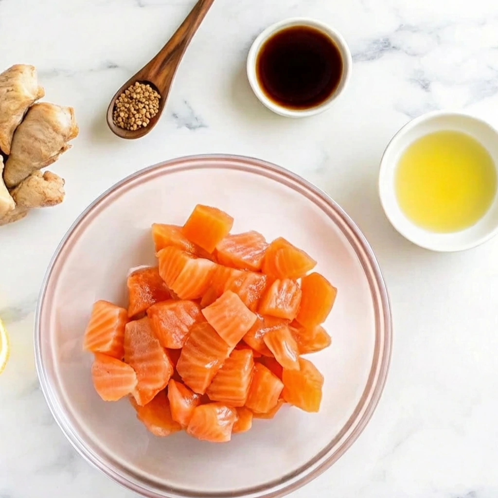Freshly cubed raw salmon in a glass bowl on a marble surface, surrounded by fresh ginger root, a wooden spoon of mustard seeds, soy sauce, and a bowl of oil.