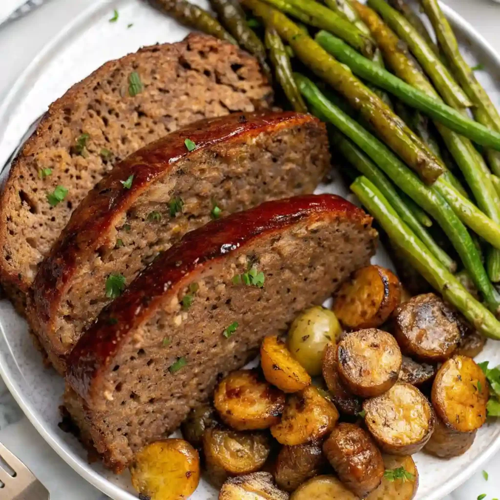 A close-up shot of three slices of glazed, smoked meatloaf on a plate, garnished with fresh parsley. The meatloaf is served alongside a pile of roasted green beans and crispy roasted baby potatoes.