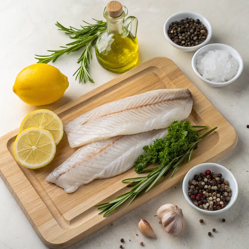 Two raw branzino fillets lie on a wooden cutting board surrounded by fresh ingredients. These include lemon, a bottle of olive oil, rosemary, parsley, garlic, and bowls of salt and peppercorns.
