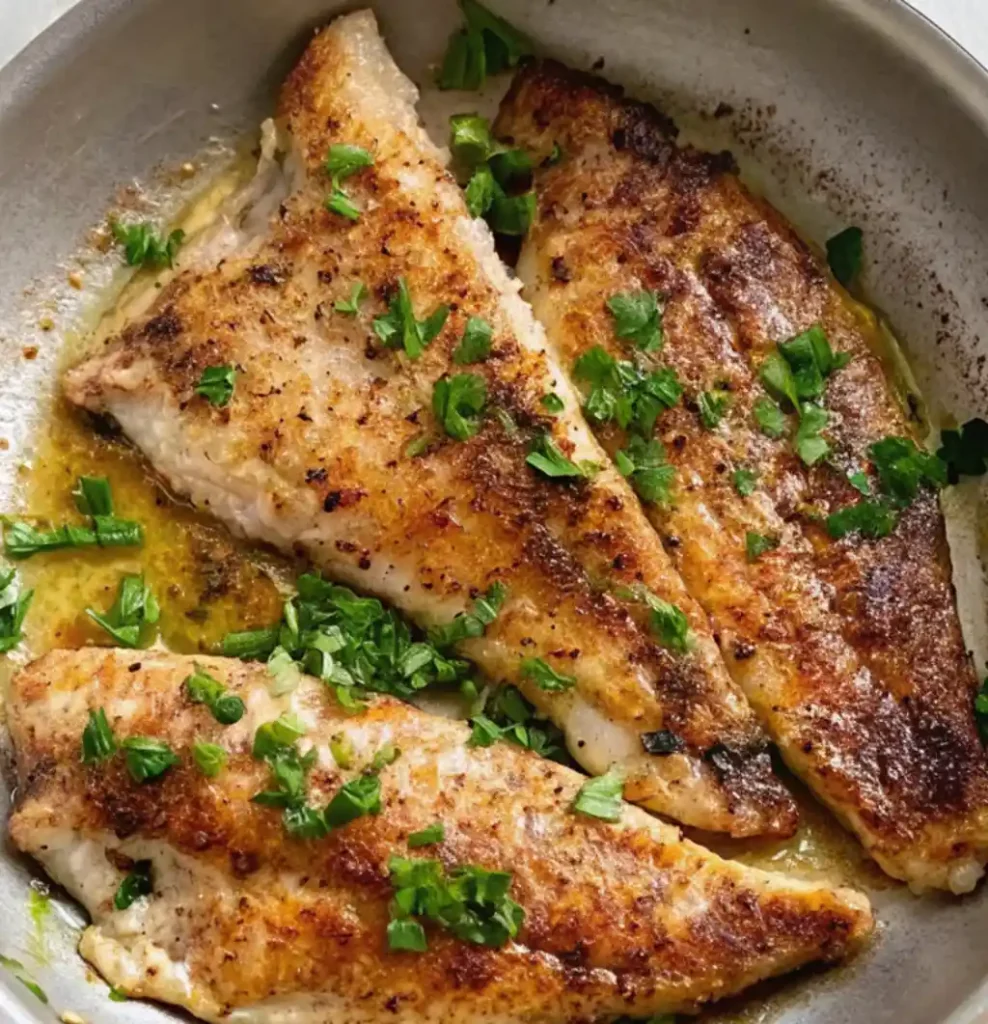 Three beautifully searedBranzino Fillet Recipe are arranged in a metal pan, glistening in the butter and oil sauce. They are garnished with a generous sprinkling of fresh, chopped parsley, adding color and aroma to the finished dish.