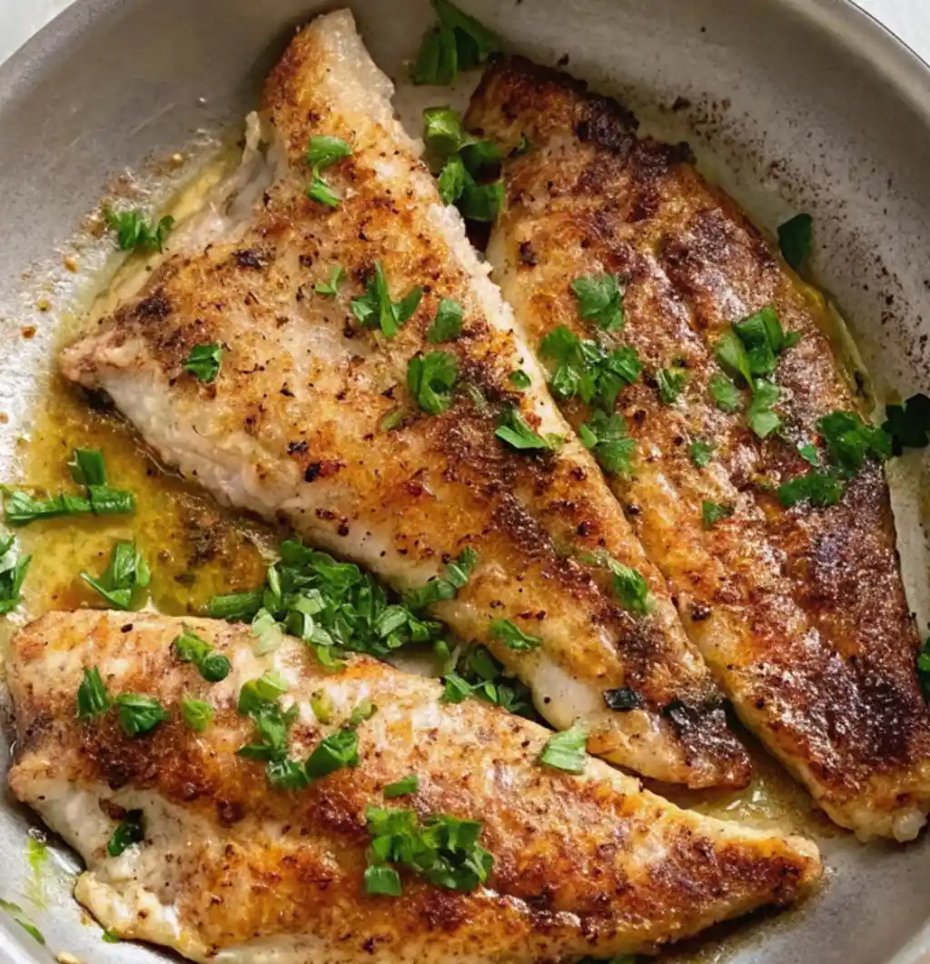 Three beautifully searedBranzino Fillet Recipe are arranged in a metal pan, glistening in the butter and oil sauce. They are garnished with a generous sprinkling of fresh, chopped parsley, adding color and aroma to the finished dish.