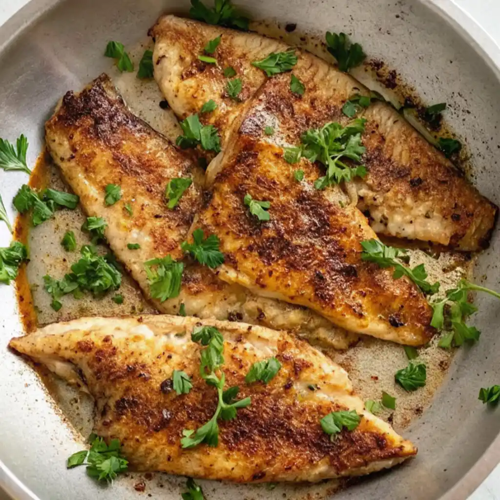 Three beautifully seared branzino fillets are arranged in a metal pan, glistening in the butter and oil sauce. They are garnished with a generous sprinkling of fresh, chopped parsley, adding color and aroma to the finished dish.