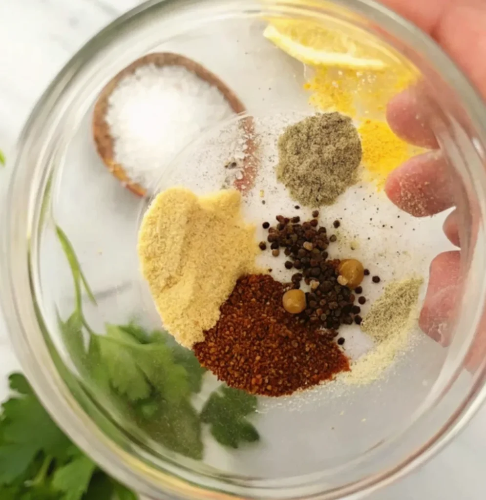 glass bowl shows various spices gathered on the bottom. The mixture includes salt, chili powder, peppercorns, ground ginger, and other seasonings, ready for a recipe.
