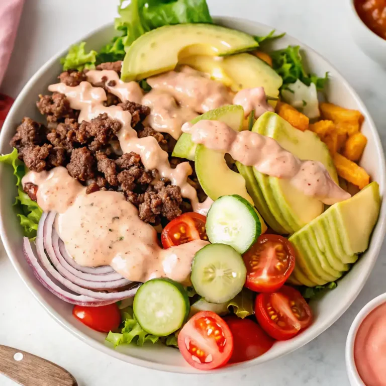 A close-up of a Burger Bowl recipe with seasoned ground beef, sliced avocado, red onion, cucumber, and cherry tomatoes over lettuce, all drizzled with a special pink sauce.
