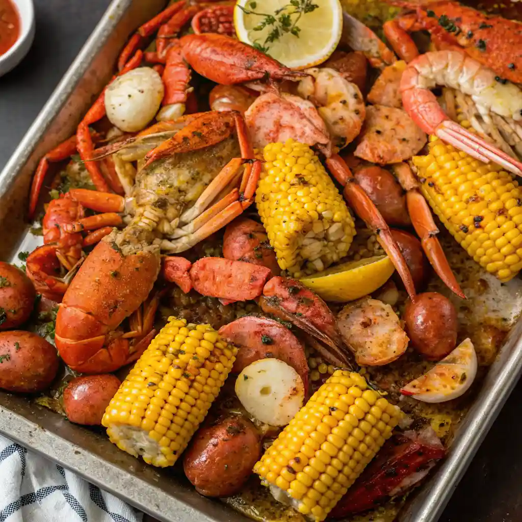 A close-up of a vibrant Cajun Seafood Boil Recipe spread out on a sheet pan, featuring corn on the cob, potatoes and sausage, shrimp, crawfish, and various crab and lobster pieces, all generously seasoned with herbs and spices.