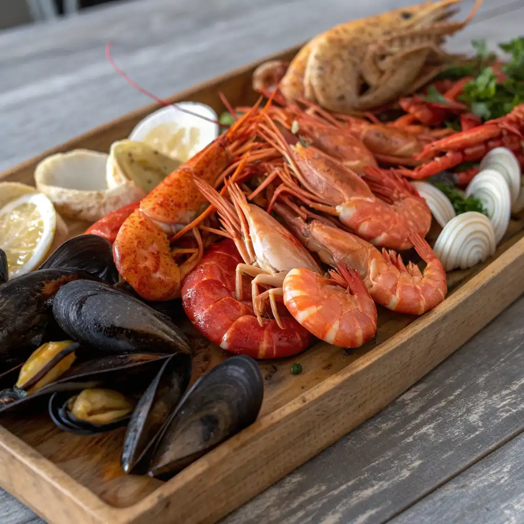 A beautiful wooden platter piled high with a variety of ingredients for Cajun Seafood Boil Recipe, including mussels, shrimp, crawfish, and clams, garnished with lemon wedges and fresh parsley.