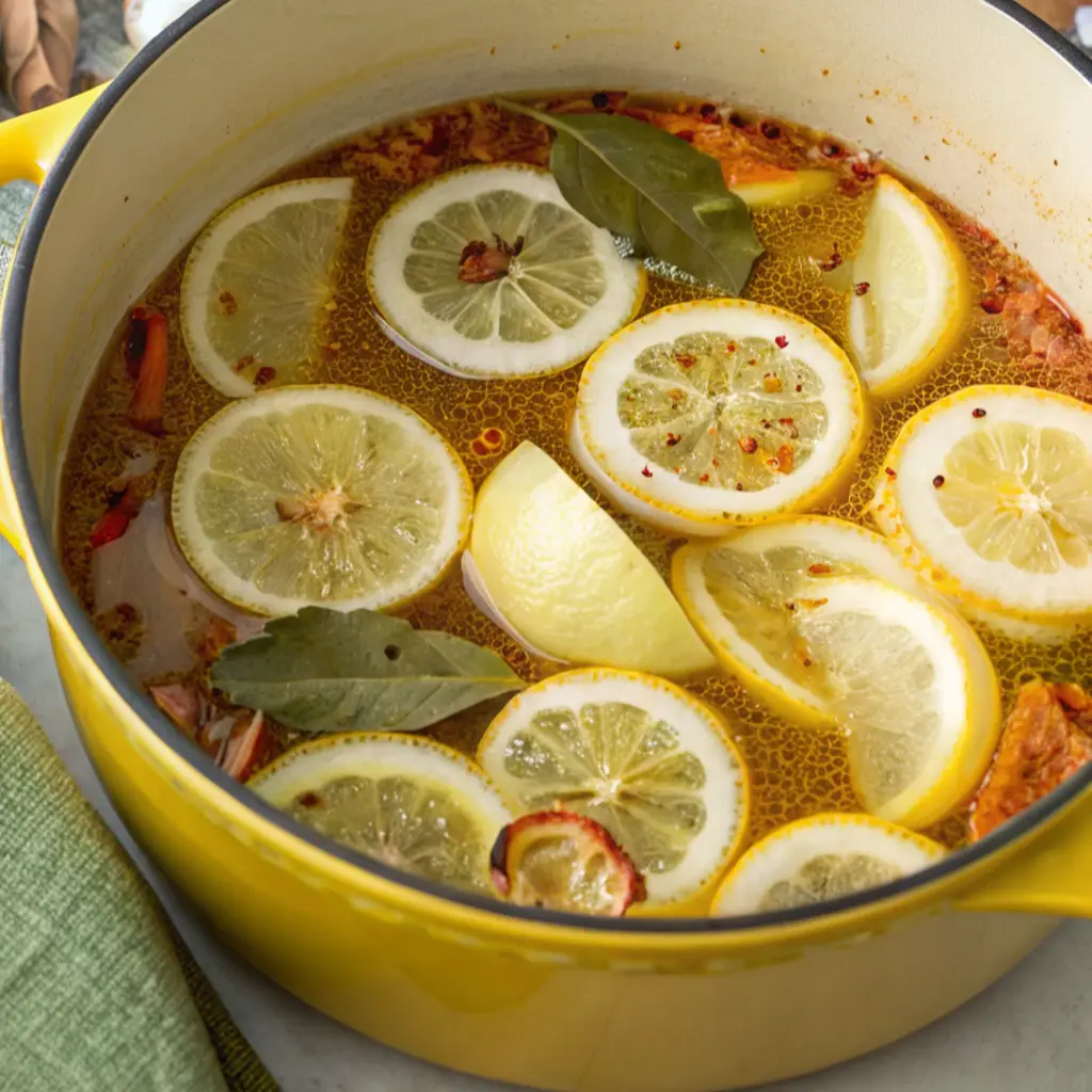 A vibrant yellow Dutch oven filled with a simmering seafood boil broth, richly seasoned and floating with numerous slices of fresh lemon, bay leaves, and red pepper flakes, and onions