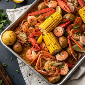 A close-up of a vibrant Cajun Seafood Boil Recipe spread out on a sheet pan, featuring corn on the cob, potatoes and sausage, shrimp, crawfish, and various crab and lobster pieces, all generously seasoned with herbs and spices.