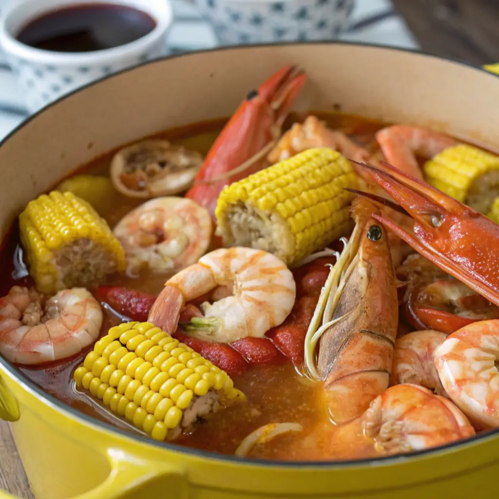 A bright yellow Dutch oven filled with simmering seafood broth, rich with spices and topped with slices of fresh lemon, bay leaves, red pepper flakes, and onions. potatoes and sausage, shrimp, crawfish, corn