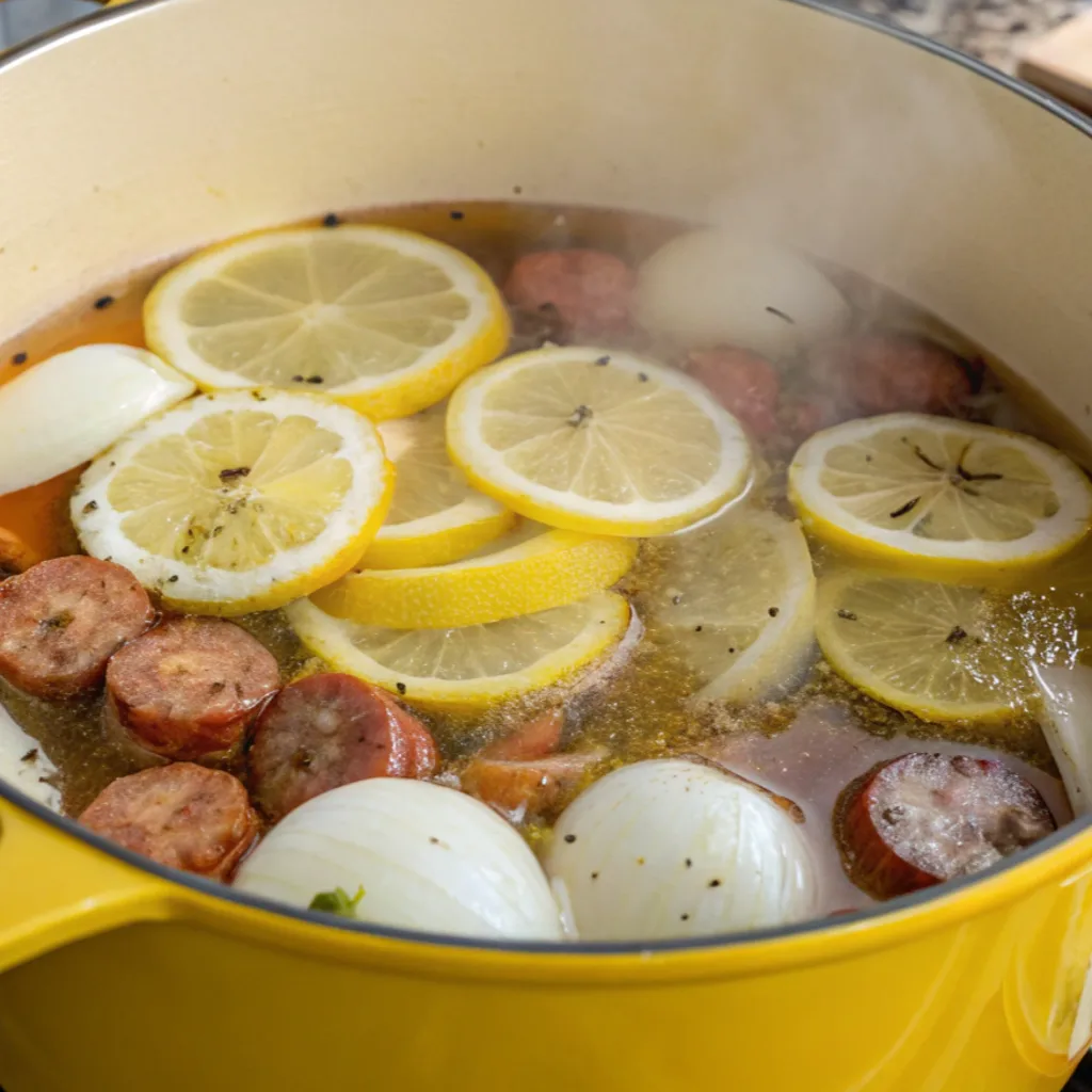 A bright yellow Dutch oven filled with simmering seafood broth, rich with spices and topped with slices of fresh lemon, bay leaves, red pepper flakes, and onions. potatoes and sausage