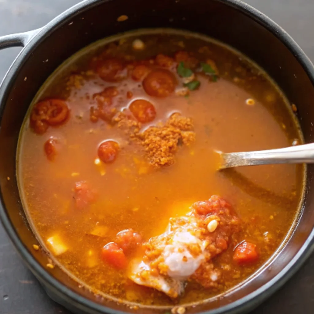 broth for Chicken Taco Soup, includes diced tomatoes and a spoonful of seasoning, adding color and depth of flavor.