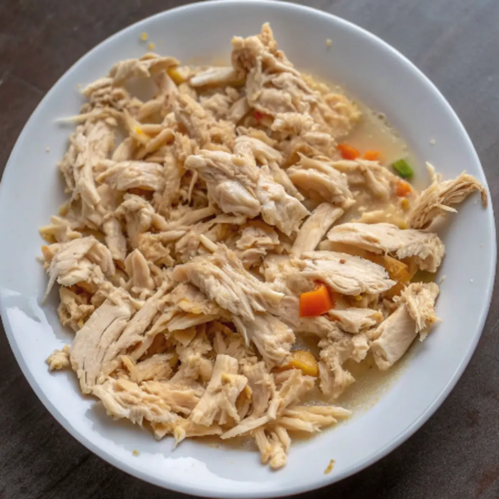 A serving of tender, shredded chicken sits on a white plate, coated lightly in a savory broth, ready to be added to the Chicken Taco Soup.