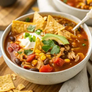 A vibrant bowl of Chicken Taco Soup, featuring beans, corn, and tomatoes, is garnished with sour cream, sliced avocado, cilantro, and crispy tortilla chips.