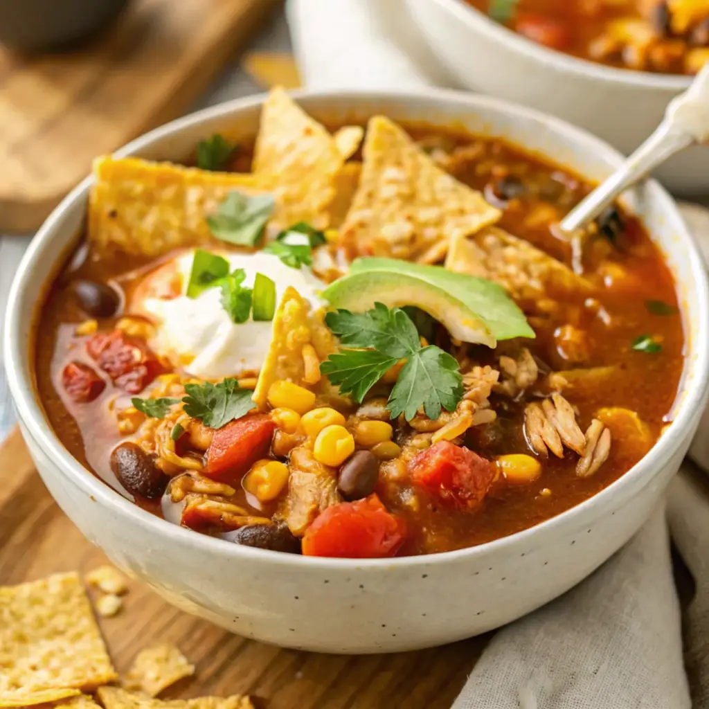 A vibrant bowl of Chicken Taco Soup, featuring beans, corn, and tomatoes, is garnished with sour cream, sliced avocado, cilantro, and crispy tortilla chips.