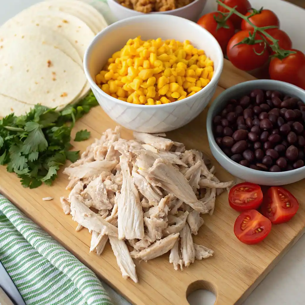 chicken, corn, black beans, tortillas, tomatoes, and cilantro are prepped on a cutting board, ready to be used for making Chicken Taco Soup.