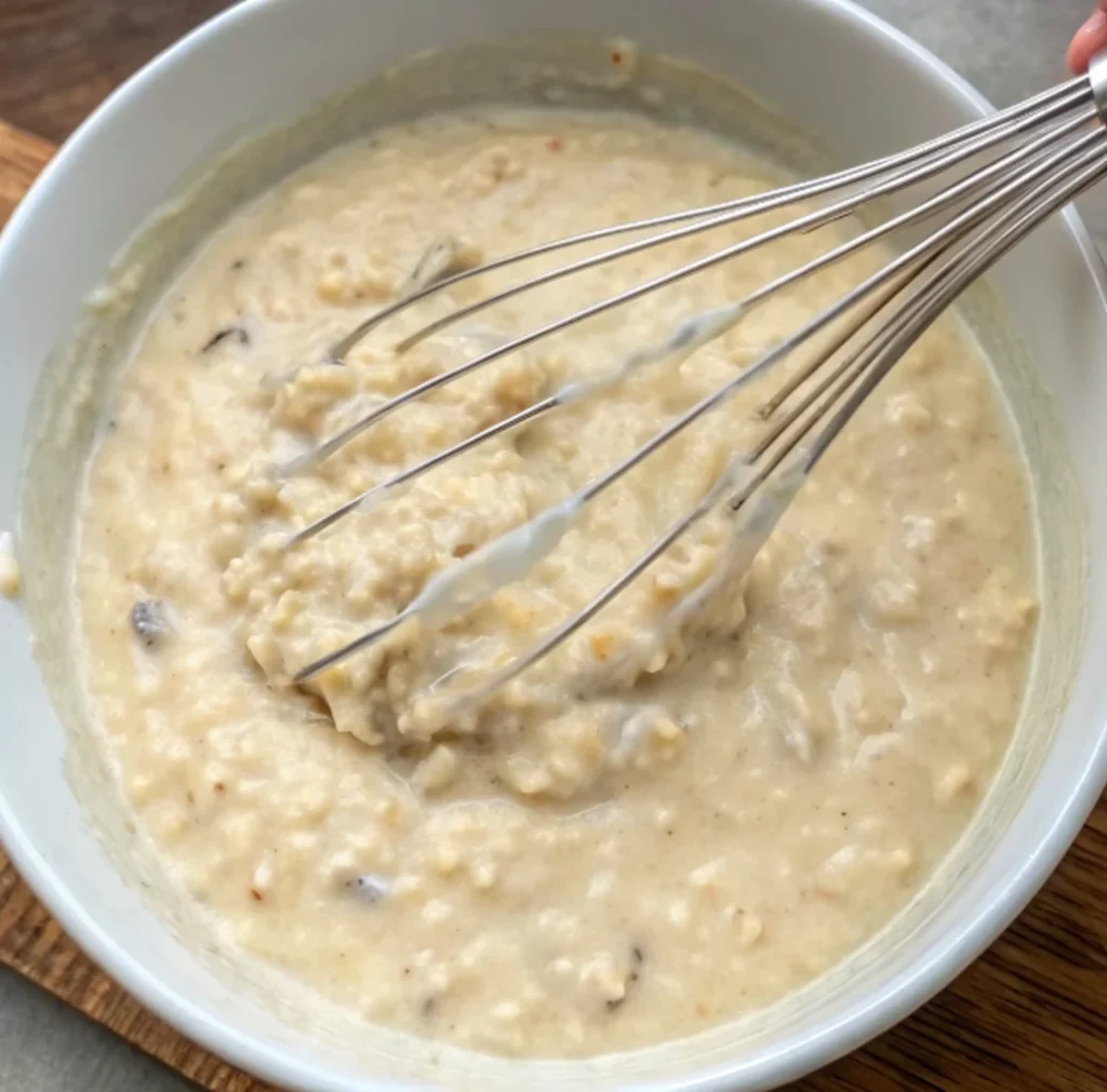 In a mixing bowl, combine the cream of chicken soup, cream of mushroom soup, chicken broth, and uncooked rice. Stir until the mixture is creamy and smooth.