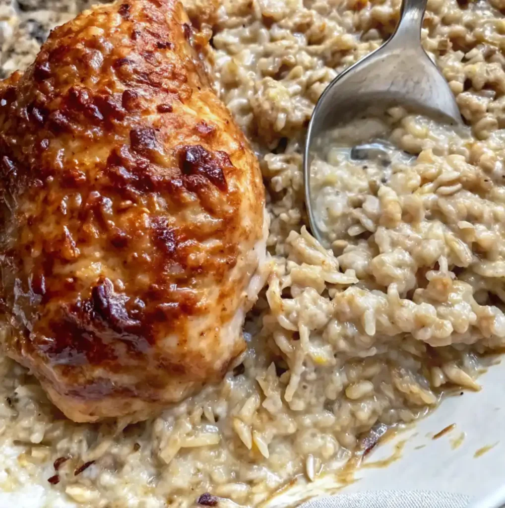 Golden brown baked chicken breasts placed on a bed of creamy rice with a spoonful of sauce. This is the final forgotten chicken recipe.