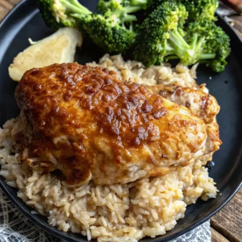 forgotten chicken recipe golden brown baked chicken is placed on a bed of creamy cooked rice. It is served with steamed broccoli and a slice of lemon on a black plate on a wooden surface.