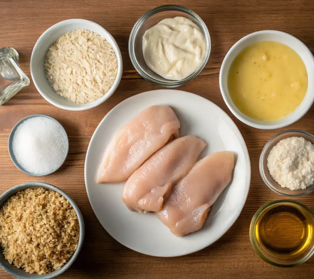 ingredients for a Forgotten Chicken Recipe: three raw chicken breasts, bowls of mayonnaise, condensed soup, parmesan cheese, oil, salt, and two types of crispy cereal on a wooden table. cup of long-grain rice
