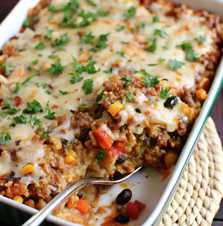 A spoonful of Ground Turkey Casserole recipes is being lifted from a blue baking dish. The casserole is topped with melted cheese and features ground turkey, rice, black beans, and vegetables, garnished with fresh parsley.