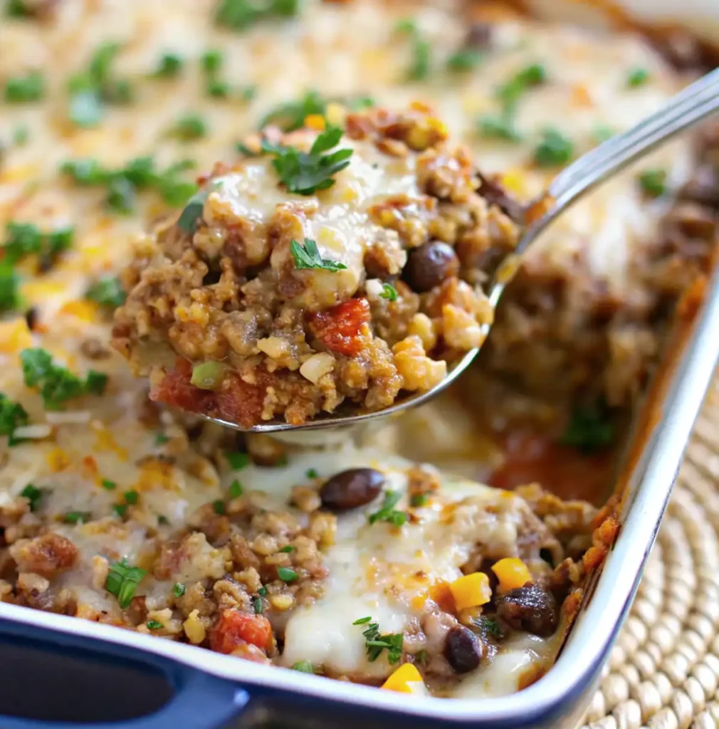 
A spoonful of Ground Turkey Casserole is being lifted from a blue baking dish. The casserole is topped with melted cheese and features ground turkey, rice, black beans, and vegetables, garnished with fresh parsley.