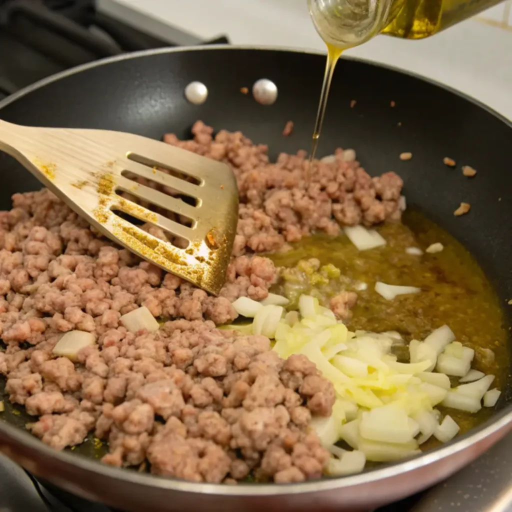 
Ground turkey, diced white onions, and seasoning are cooking in a black non-stick skillet. A wooden spatula is in the pan, and olive oil is being poured over the mixture.