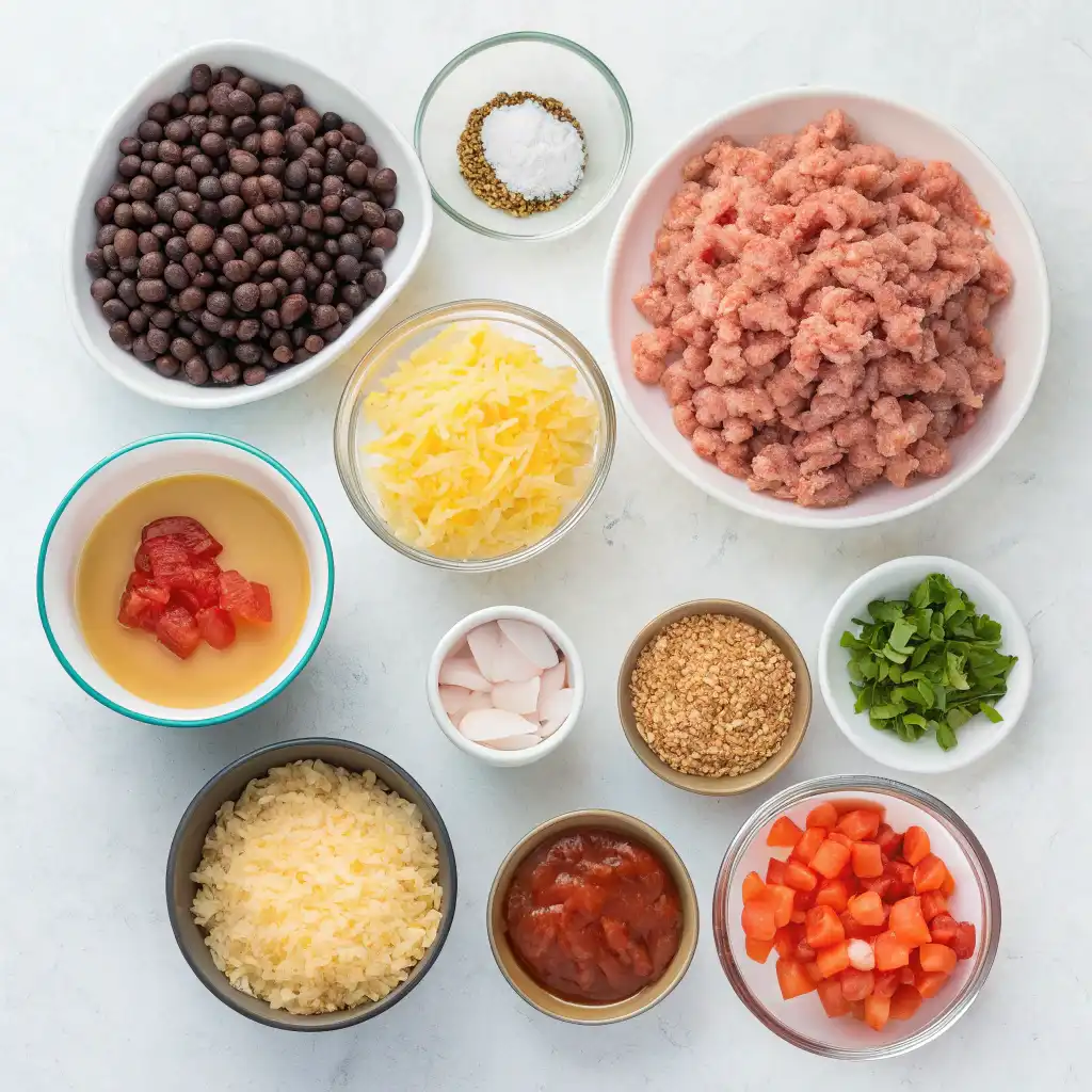 An overhead view of ingredients for a Ground Turkey Casserole, including ground turkey, black beans, two types of cheese, crushed crackers, salsa, diced tomatoes, onion, and seasonings.