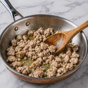 Ground turkey cooking in a stainless steel skillet with oil on a marble countertop, being stirred with a wooden spoon