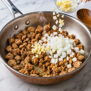 Ground turkey cooking in a stainless steel skillet with oil on a marble countertop, being stirred with a wooden spoon