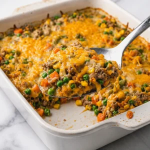 A metal serving spoon scooping a portion of baked Ground Turkey Casserole Recipes with melted cheddar cheese, peas, corn, and carrots out of a white rectangular baking dish.