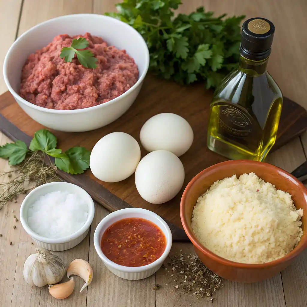 Ingredients for an Italian meatloaf recipe including ground meat, three eggs, olive oil, grated Parmesan cheese, coarse salt, tomato paste, garlic cloves, pepper, and fresh herbs (parsley/thyme).