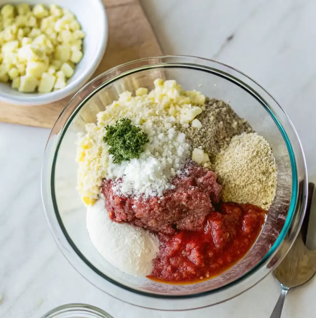 A glass mixing bowl holds the ingredients for Italian meatloaf: ground meat, grated cheese (Parmesan/pecorino), tomato sauce, bread crumbs, seasoning, and a dollop of a white ingredient (like ricotta or egg). Chopped mozzarella