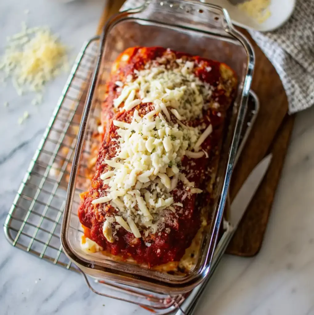 A rectangular glass baking dish holds a freshly baked Italian meatloaf covered in rich tomato sauce and topped generously with melted shredded mozzarella cheese and herbs, ready to be served.