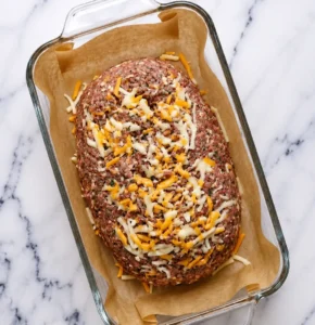italian meatloaf recipe into a large loaf and stuffed with shredded mozzarella and cheddar cheese, sitting in a parchment-lined glass baking dish on a marble countertop before baking.