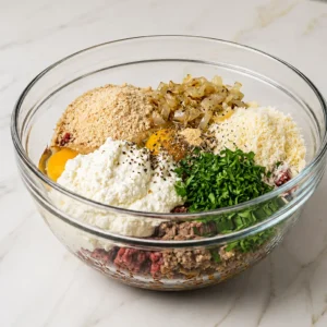 A large glass mixing bowl filled with Italian meatloaf ingredients, including ground meat, ricotta cheese, breadcrumbs, sautéed onions, grated parmesan, fresh parsley, eggs, and Italian seasonings.