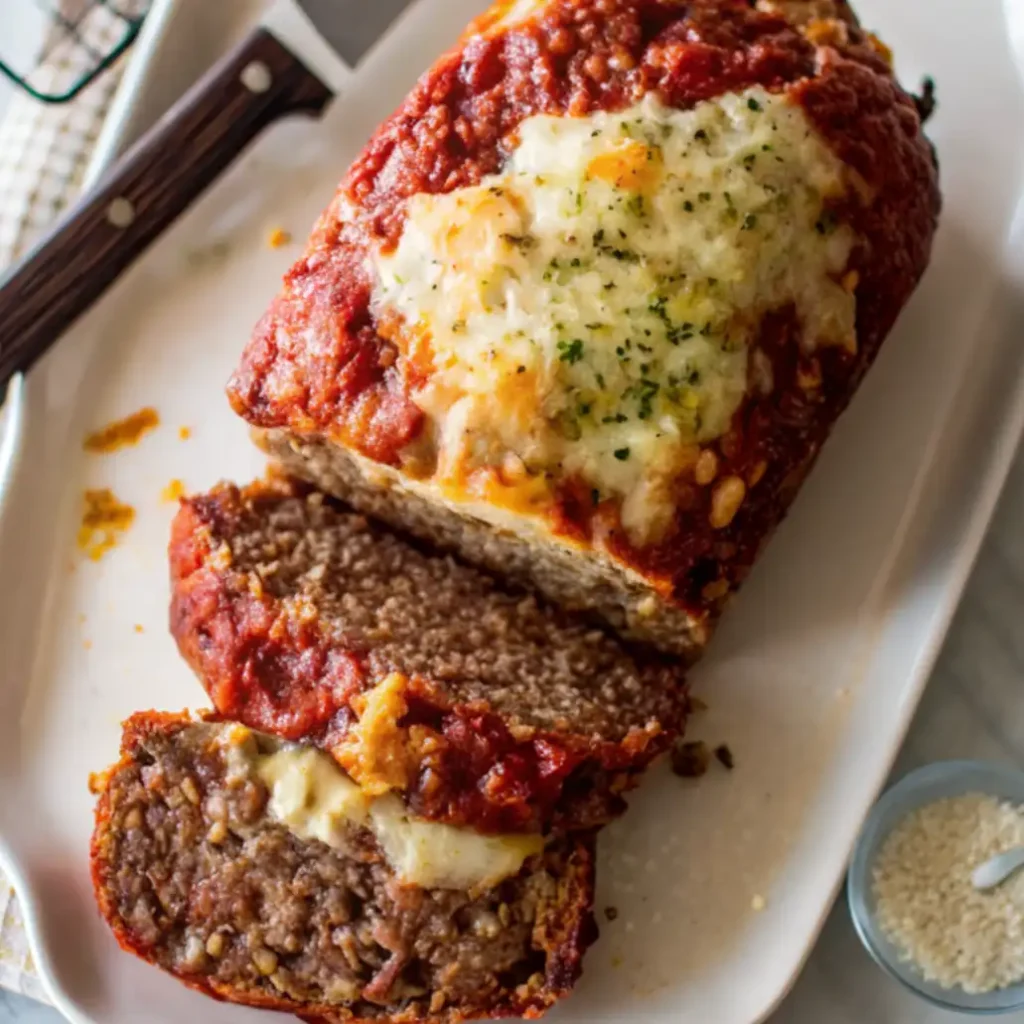 A delicious, thick slice of Italian Meatloaf Recipe with a dense, meaty texture and pockets of melted mozzarella cheese is plated next to the remaining loaf. The meatloaf is topped with a rich tomato sauce and more cheese.