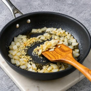 Chopped onions and minced garlic sautéing in olive oil within a black skillet. A wooden spatula stirs the mixture