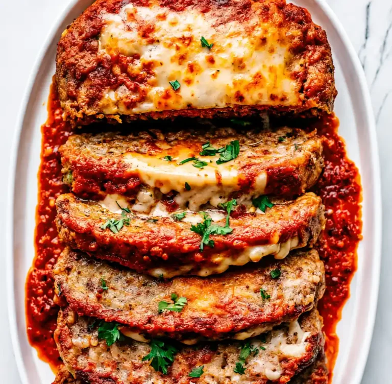 Slices of baked Italian Meatloaf Recipe layered with melted mozzarella cheese and rich marinara sauce on a white platter, garnished with fresh chopped parsley on a marble background.