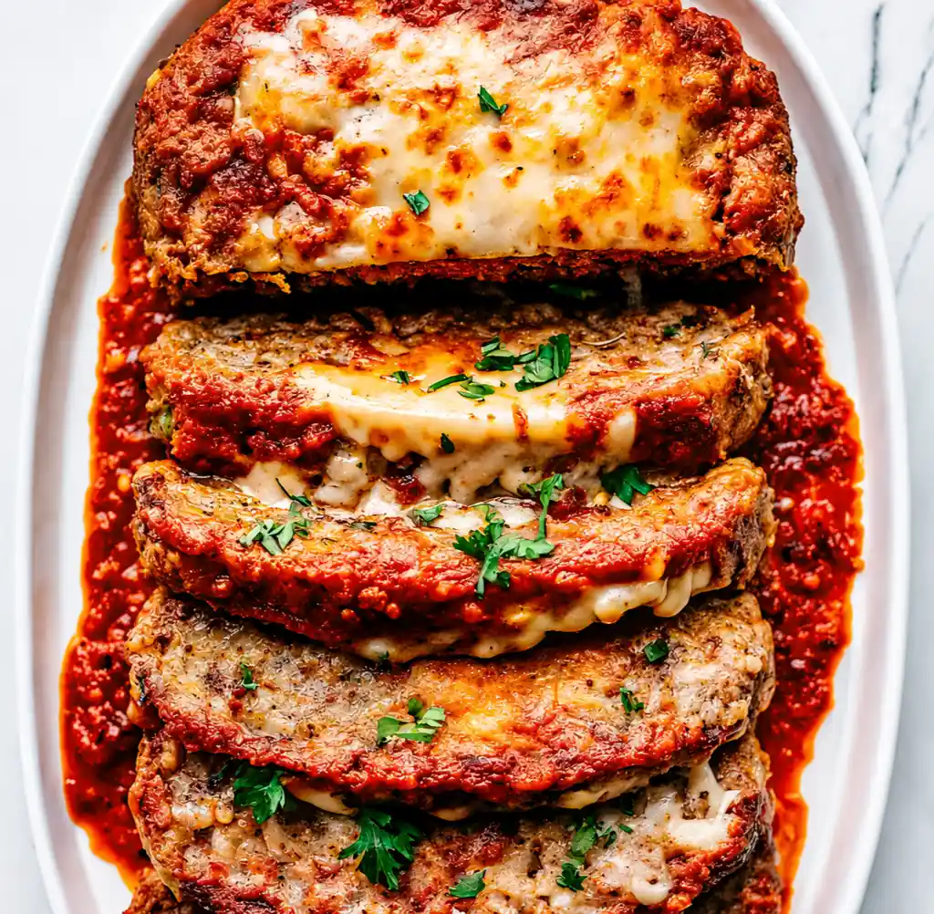 Slices of baked Italian Meatloaf Recipe layered with melted mozzarella cheese and rich marinara sauce on a white platter, garnished with fresh chopped parsley on a marble background.