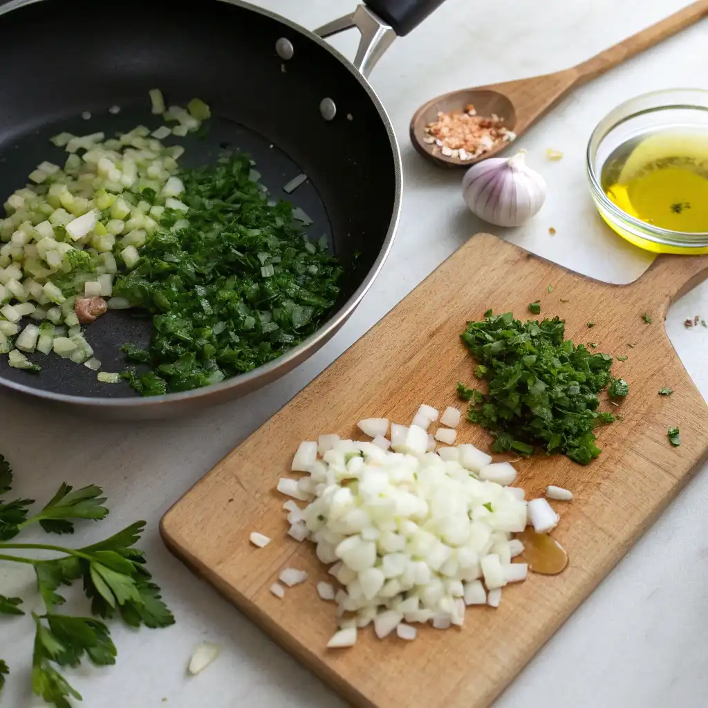 A cooking scene showing chopped onions and celery on a cutting board, with more chopped herbs and vegetables sautéing in a frying pan. Olive oil, rock salt on a wooden spoon, and a garlic head are also visible.