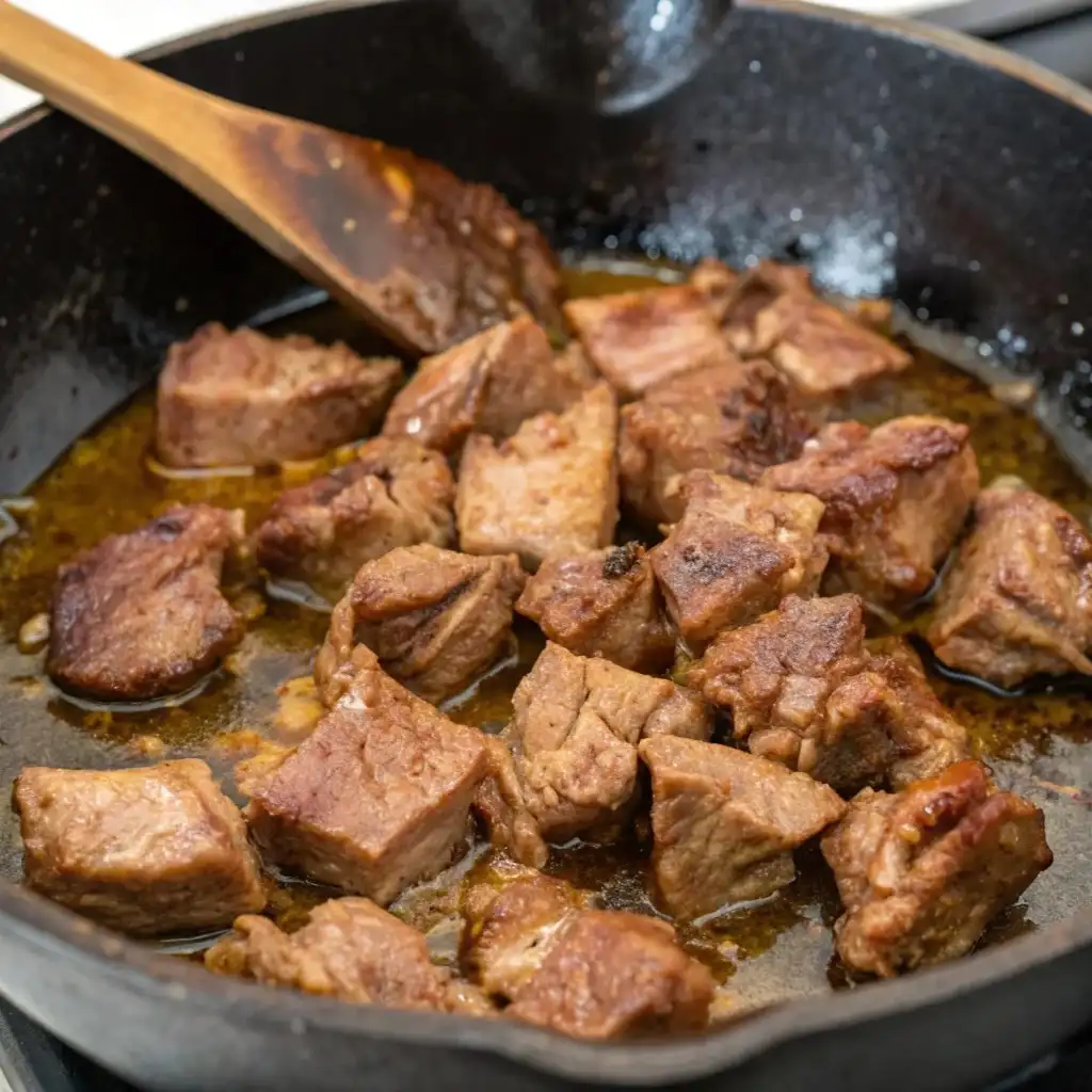 A black cast-iron skillet filled with browned, bite-sized cubes of lamb is shown from a high angle. A wooden spatula stirs the meat, which is sizzling in a rich, dark-brown sauce.